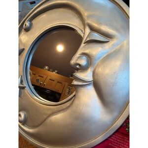 Vintage Celestial Crescent Moon Face Wall Mirror Silver Stars 12 Inch Round